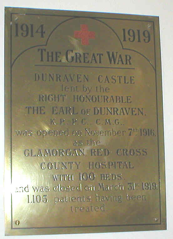 Plaque commemorating the use of Dunraven Castle as a Red Cross County Hospital during World War I
