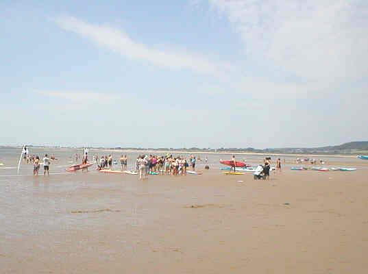 Competition day with black & white flags flying to denote surfing and kayaking area