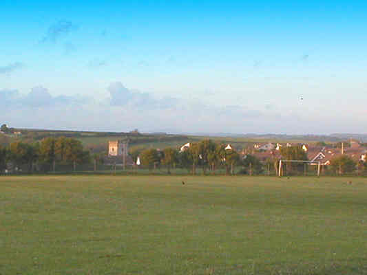 St Brides Major Sports Field looking towards St. Bridget's Church